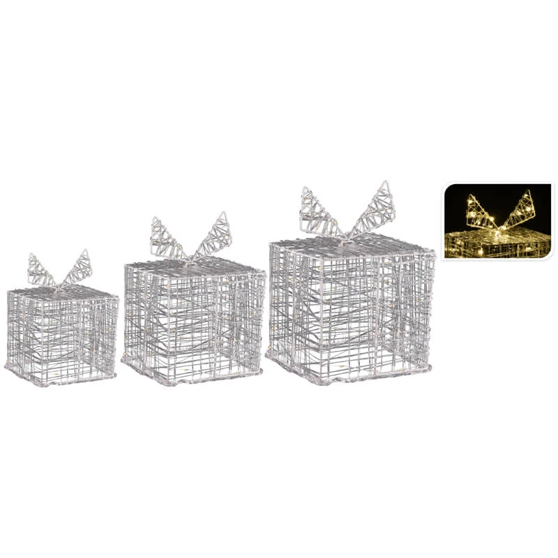 Set 3 Pacchi Regalo In Filo Acrilico Con 90 MicroLed 3 Set 3 Pacchi Regalo In Filo Acrilico Con 90 MicroLed