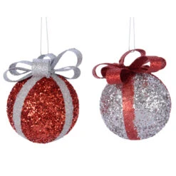 2 Palline Natalizie 80mm Glitter Con Fiocco