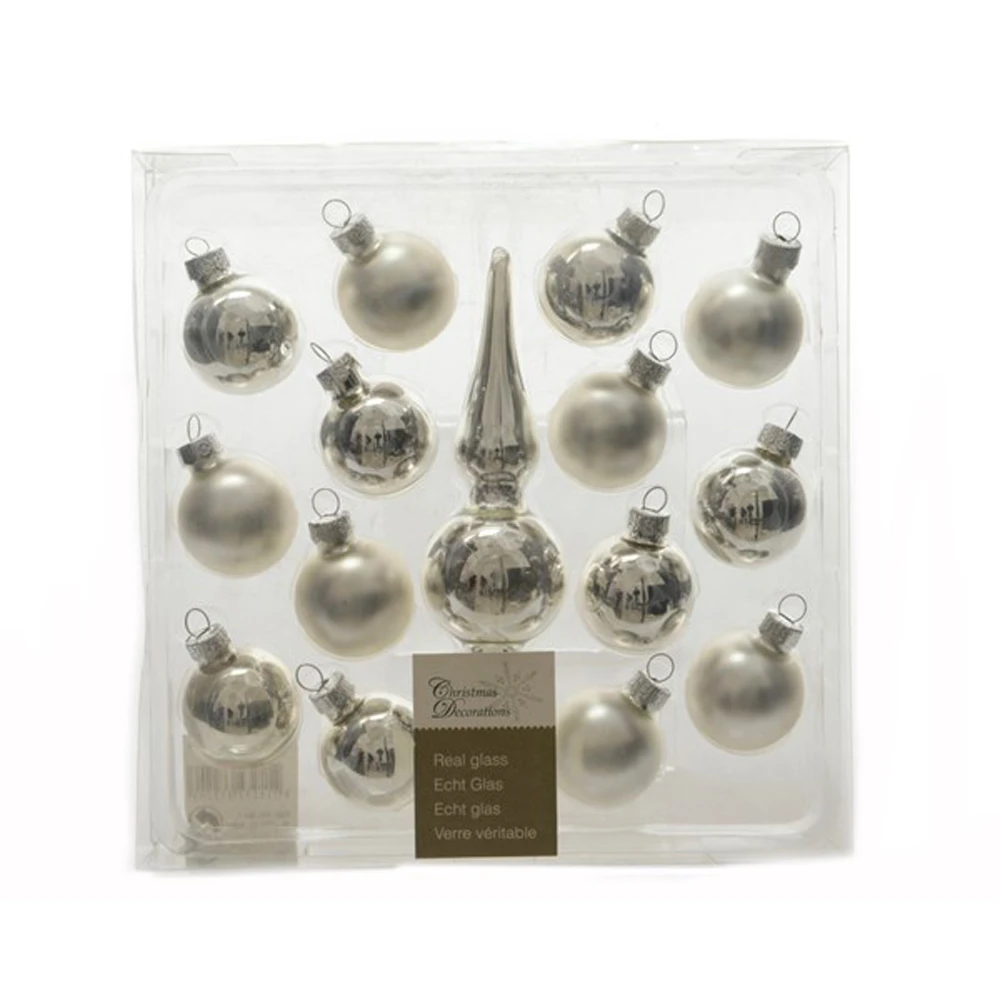 14 Mini Palline Natalizie 30mm E Puntale Argento In Vetro 3 14 Mini Palline Natalizie 30mm E Puntale Argento In Vetro