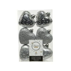 6 Addobbi Natalizi Cuore Glitter Argento
