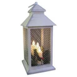 Lanterna Bianco Anticato Con 3 Candele LED E Decorazioni Natalizie A Batteria 33 Cm