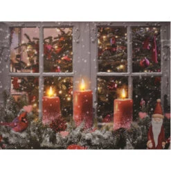 Quadro Natalizio 3 Candele Su Finestra E Neve LED A Batteria