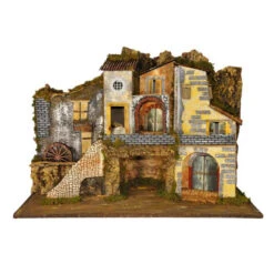 Presepe Con Luci E Mulino Ad Acqua Motorizzato 76x40x54 Cm